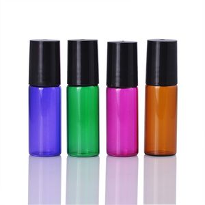 Flacone a rullo colorato da 5 ml per oli essenziali Bottiglie roll-on in vetro con bottiglia di profumo ricaricabile con rullo in metallo con tappo nero