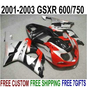 Free customize bodywork set for SUZUKI GSXR600 GSXR750 2001 2002 2003 K1 black red silver fairings GSXR 600 750 01-03 fairing kit RA40