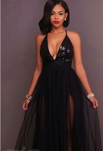 Sexy Black Evening Dresses Sequins Top Halter Sleeveless Plealts Tulle Long Prom Gowns Purple,Red,Royal Blue,Hunter,Light Sky Blue