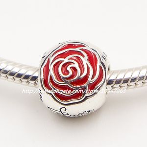 New 100% S925 Sterling Silver Belle's Enchanted Rose Charm Bead with Red Enamel Fits European Pandora Jewelry Bracelets