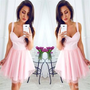 Vestido Formatura Curto Pink Chiffon Homecoming Dressesシンプルなスタイルスパゲッティストラップ恋人バックレスショートプロムドレスカクテルドレス