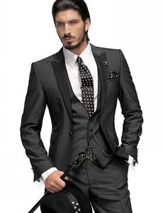 Groom Tuxedos Slim Fit One Button Charcoal Grey Best Man Peak Black Lapel Groomsmen Men Wedding Suits Jacket Pants Tie Vest H751