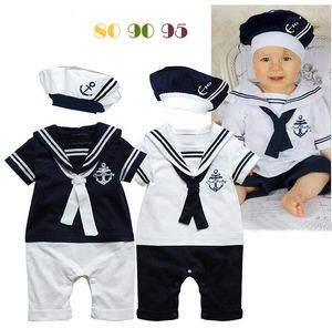 2019 Sommar Baby Boy Romper Navy Style Down-down Collar med Tie Toddler Kostym med hatt Nyfödd Barnkläder 80-90-95 3pcs / Lot AB734