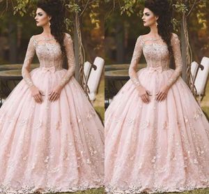 Pink Long Sleeve Prom Dresses Ball Gown Lace Appliqued Bow Sheer Neck 2022 Vintage Sweet 16 Girls Debutantes Quinceanera Dress Evening Gowns