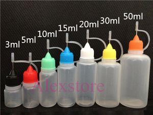 Needle bottle empty Mini plastic Long thin tip Soft PE eliquid oil dropper bottle 3ml 5ml 10ml 20ml 30ml 50ml with colorful caps