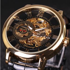 Uhren Herren Luxusuhr China Man's Casual Gold Zifferblatt hohl manuelle mechanische Lederarmband