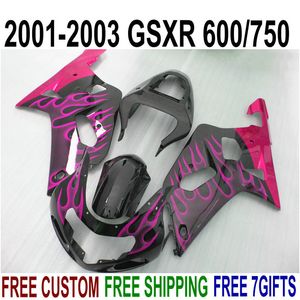 Vendita calda set moto per SUZUKI GSXR600 GSXR750 2001 2002 2003 carene K1 01-03 GSXR 600 750 fiamme rosse kit carenatura nera SK20