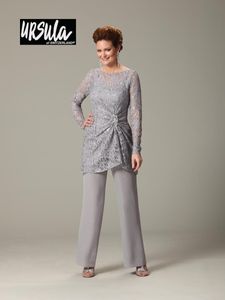 Anne Gelin Dantel Pantolon Takım Elbise Artı Boyutu Scoop Dantelli Uzun Kollu Lady Gelin Anne Resmi Akşam Parti Pant Düğün için Suits