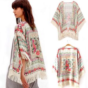 Hurtownie-Women Szyfon Kimono Letni Płaszcz Lady Floral Loose Tassels Szal Kimono Cardigan Kurtka Cami Girl Drukowane Luźne Bluzki S / M / L