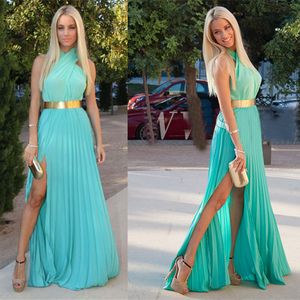 Simple Turquoise Chiffon Long Prom Dresses 2016 Halter High Slit robe de soiree longue Draped Gold Belt Sash Evening Party Graduation Gowns