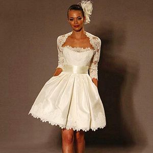 Kurze Hochzeitskleider Elfenbein 3/4 Langarm mit Wrap Jacke billige Brautkleider Vestido de noiva Little weiße Kleider Custom