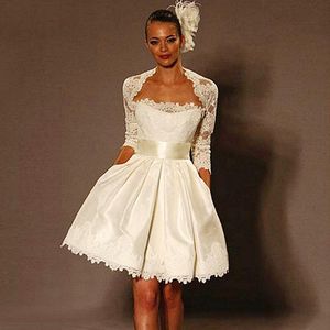 Short Wedding Dresses Ivory 3/4 Long Sleeve With Wrap Jacket Cheap Bridal Gowns Vestido De Noiva Little White Dresses Custom