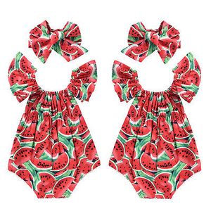 Niemowlę Noworodki Dziewczynek Arbuz Druku Koronki Bez Rękawów Romper Headband 2PCS Odzież Dzieci Playsuit Kombinezon Outfit Slays