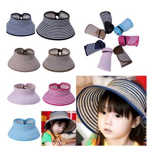 Cappello da sole pieghevole con visiera in paglia a righe per ragazze a tesa larga da spiaggia estiva per bambini, 10 pz / lotto spedizione gratuita