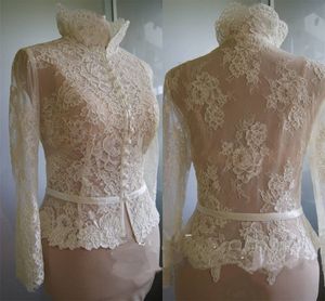 Ivory High Neck Bridal Jackets Long Sleeve Lace Applique Wedding Wraps Cheap Bridal Shawl Bolero Jacket Plus Size