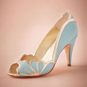 Blue Wedding Shoes Slip Ons Bridal Peep Toe Sandal Pumps PU Leather 3" High Heels Stilettos Flowers Bridal Accessories Kitten Heel 2016