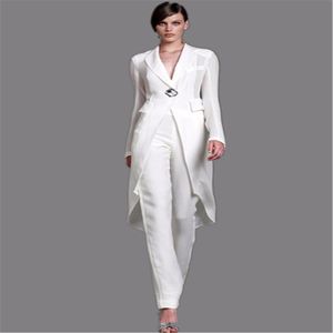 Neu eingetroffene weiße Hosenanzüge für die Brautmutter mit langer Jacke, Kristall-Partykleider, elegante, langärmlige Brautmutter, formelle Kleidung d101
