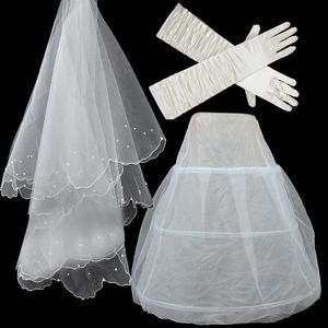 Bröllop petticoat handskar slöja set billigt i lager vita brudtillbehör för bollklänning bröllopsklänning armbågslängd brudhandskar cr311z