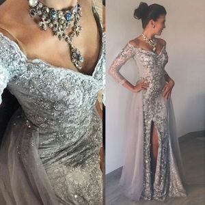Oszałamiające luksusowe srebrne sukienki wieczorowe ciężkie cekiny z koralików w V-denia 3 4 rękawy syrenki Sukienki Promowanie seksowne dzielone koronkowe wieczór 2949