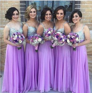 Pod 100 $ Purple Druhna Dresses na wesele Sukienka Spaghetti pasek V Neck Zroszony Cekin Bridal Druhna Długa Sukienka Sukienka