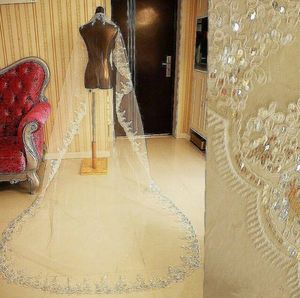 Ny Gratis Frakt Amazing Real Image Wedding Veils 3 meter Long Veil Lace One Layer Cathedral Length Billiga Bröllop Veils Sequins Flower Edge