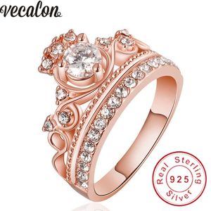 Vecalon 2 cores venda Quente Coroa Jóias Mulheres anel 5A Cubic Zirconia Rose Gold cor Party wedding band Anel para as mulheres Presente