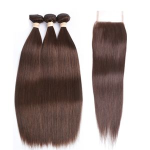 #4 Medium Brown Color Straight Virgin Hair Bundles With Lace Closure Chestnut Brown Peruvian Human Hair Weaves With 4*4 Top Lace Closure