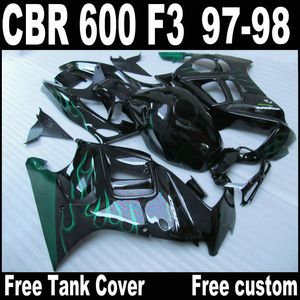 Siyah bodykits içinde HONDA CBR600 F3 1997 1998 yeşil alevler için yüksek kalitede grenaj CBR 600 97 98 kaporta kiti QY29 + 7 hediyeler