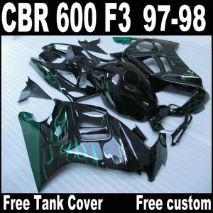 Högkvalitativa mässor för Honda CBR600 F3 1997 1998 Green Flames i Black Bodykits CBR 600 97 98 Fairing Kit QY29 + 7 Presenter