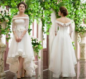 Hög Låg sommarstrand Bröllopsklänningar 2017 Hot Selling Off Shoulder A-Line Golvlängd Billig Bröllopsklänning Halv Långärmad Spets Brudklänning
