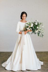NOWOŚĆ BOHO A-LINE Miękkie satynowe skromne suknie ślubne z 3/4 rękawów z koralikami Blet Low Back Country Suknie 2020 Custom Made Couture