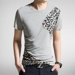 2015 new summer fashion leopard short sleeve casual t-shirts mens slim fit t shirt cotton o neck tops & tees set free
