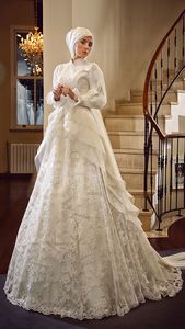 Muslim Modest High Collar Wedding Dresses 2016 Tiered Ruffles Arabian Bridal Dress Keffiyeh Long Sleeve Lace Appliques High Quality Gowns