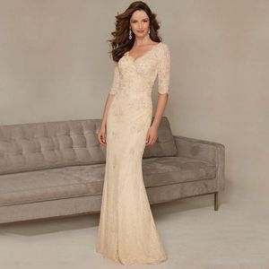 2017 New Elegant Beaed Sequined Pleats V-Neck Mermaid Style Half Sleeve Lace Formal Gowns Champagne Mother of the Bride Dresses Lo320c