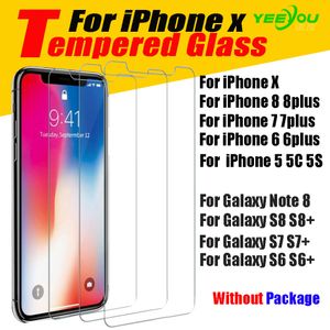 Per iPhone X 8 8Plus 6S Proteggi schermo in vetro temperato per Samsung S6 edge S8 Note 8 protezione pellicola trasparente senza Pakcage