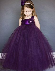 Вечерние платья для девочек Фиолетовое квадратное бальное платье без рукавов Платья для цветочниц Длина до пола Органза Конкурсные платья Дети с цветами
