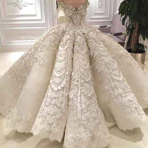 Luxuriöses Ballkleid-Hochzeitskleid, schulterfrei, glitzernde Kristalle, Perlen, Pailletten, Spitzenapplikationen, luxuriöse Brautkleider mit langer Schleppe