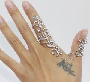 Agradables Dedos De Joyería al por mayor-Nuevos accesorios de moda cadena de joyería enlace claro rhinestone flor rosa anillo de dedo doble para mujeres chica regalo agradable LZ