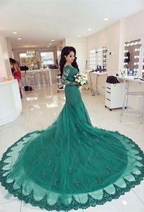 Eleganckie Green Lace Suknie Ślubne Z Długim Rękawem Duży Pociąg Tulle Aplikacje Luksusowa Suknia Ślubna Zroszony Przejdź przez Seksowne Suknie Ślubne dla Churc