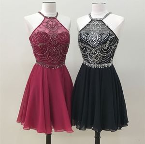 Cristal Preto Vinho Vermelho Halter Curto Vestidos de Baile Chiffon Ruched Frisado Bling Lantejoula Homecoming Partido Vestido de Noite Vestidos Para Meninas Barato