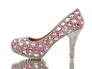 Bellissime scarpe da sposa in cristallo rosa Splendidi tacchi alti con strass Scarpe da festa di compleanno per ragazza da sera di lusso fatte a mano da donna