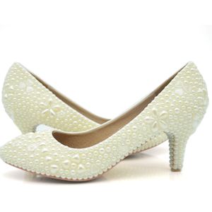 Custom-made Simple Pearl Wedding Dress Shoes Ivory Color Middle Heel Sapatos Femininos Women Ladies Shoes Woman Valentine Shoes