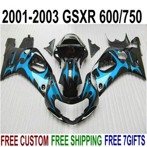 Novo kit de carenagem plástico para SUZUKI GSX-R600 GSX-R750 2001-2003 K1 chamas azuis nas carenagens de carroçaria pretas 01-03 GSXR 600 750 EF47