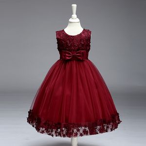 2019 Vintage Bebê Adorável Burgundy infantil criança Batismo Roupa Vestidos menina na altura do joelho com laço Bow Flores Tutu Bola de vestidos baratos