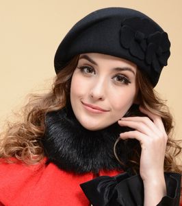 Lady Morden 2 flower design Wool Winter Church Hat Cap Felt Fedora Stewardess Beret 4 colors Free Shipping