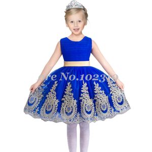 Bonito apliques de ouro vermelho azul tule flor menina pageant vestidos vestido de baile meninas vestidos crianças roupa formal