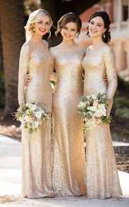 Vintage Gold Evening Boat Neck Long Sleeve Prom Dress Elegant Sequined Dress Formal Dresses Evening Wear Cheap Country Bridesmaid Dress 2018