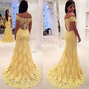 Fabulous Yellow Lace Off Shoulder Mermaid Evening Dresses Sexy Applique Illusion Back Long Party Gowns For Wedding Custom Made EN1159