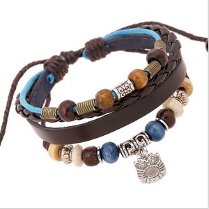 New Style! High Quality Fashion Handmade Cowboy Punk Style Multilayer Wooden Beads Owl Pendant Rope Leather Bracelets for Unisex Jewelr
