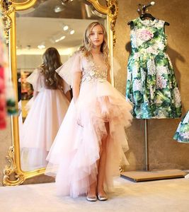 Pembe Yüksek Düşük Küçük Kızlar Pageant Elbiseler 3D Aplike Bir Çizgi Katmanlı Çiçek Kız Elbise Tül Boncuklu İlk Communion Gowns